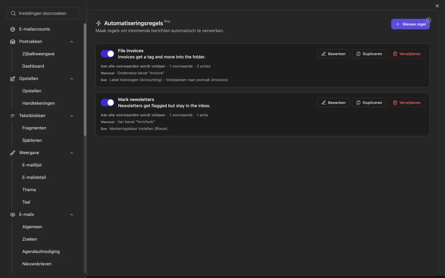 De automatiseringsinstellingen met de lijst met regels; elke regel toont haar voorwaarden en acties