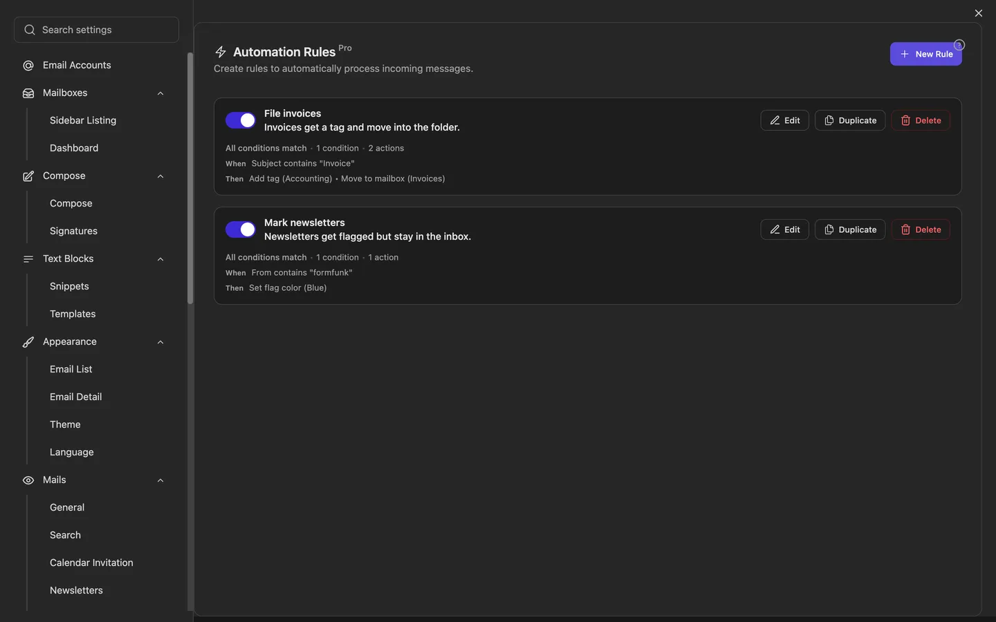 The automation settings with the list of rules; each rule shows its conditions and actions
