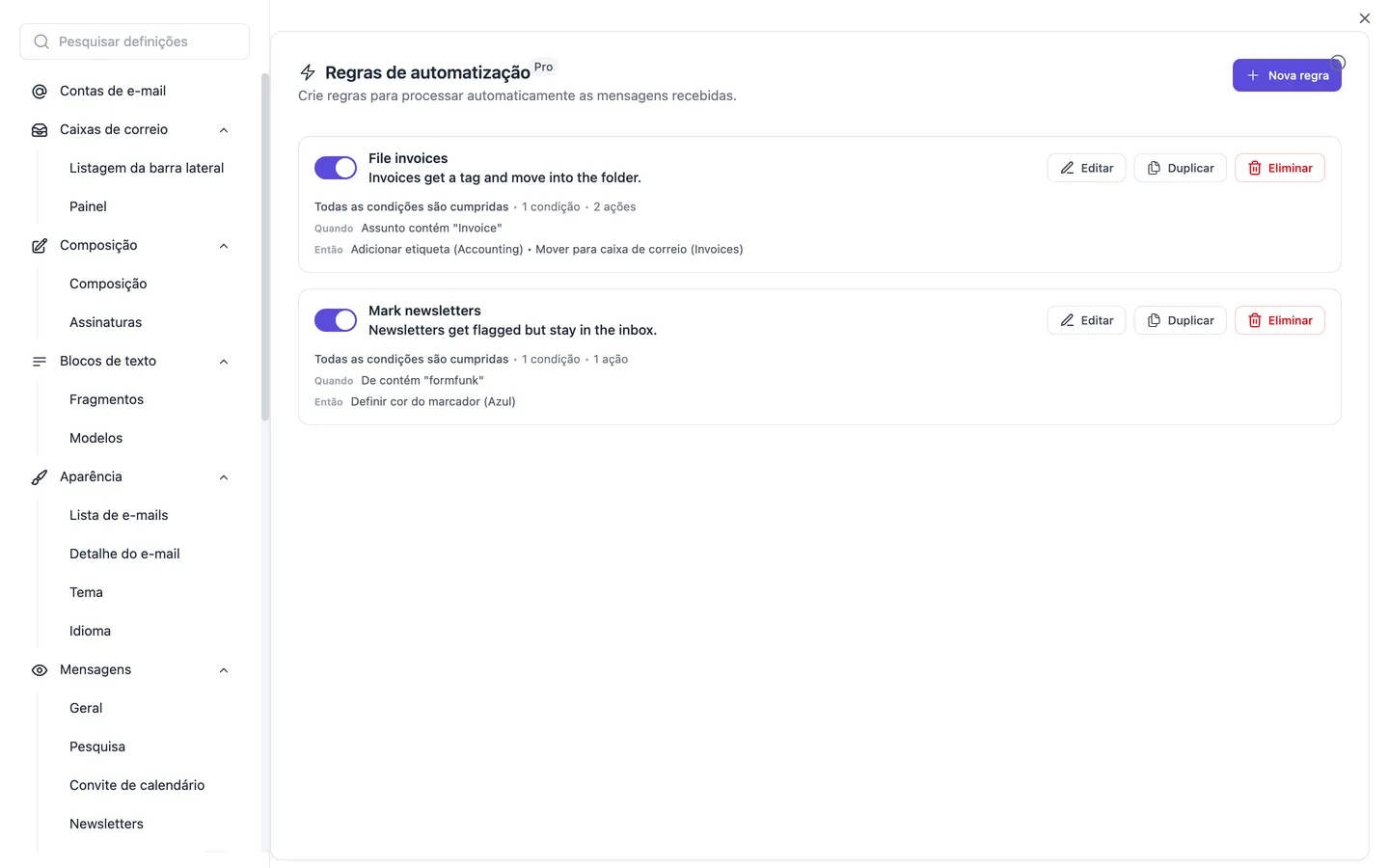 As definições de automatizações com a lista de regras; cada regra mostra as suas condições e ações
