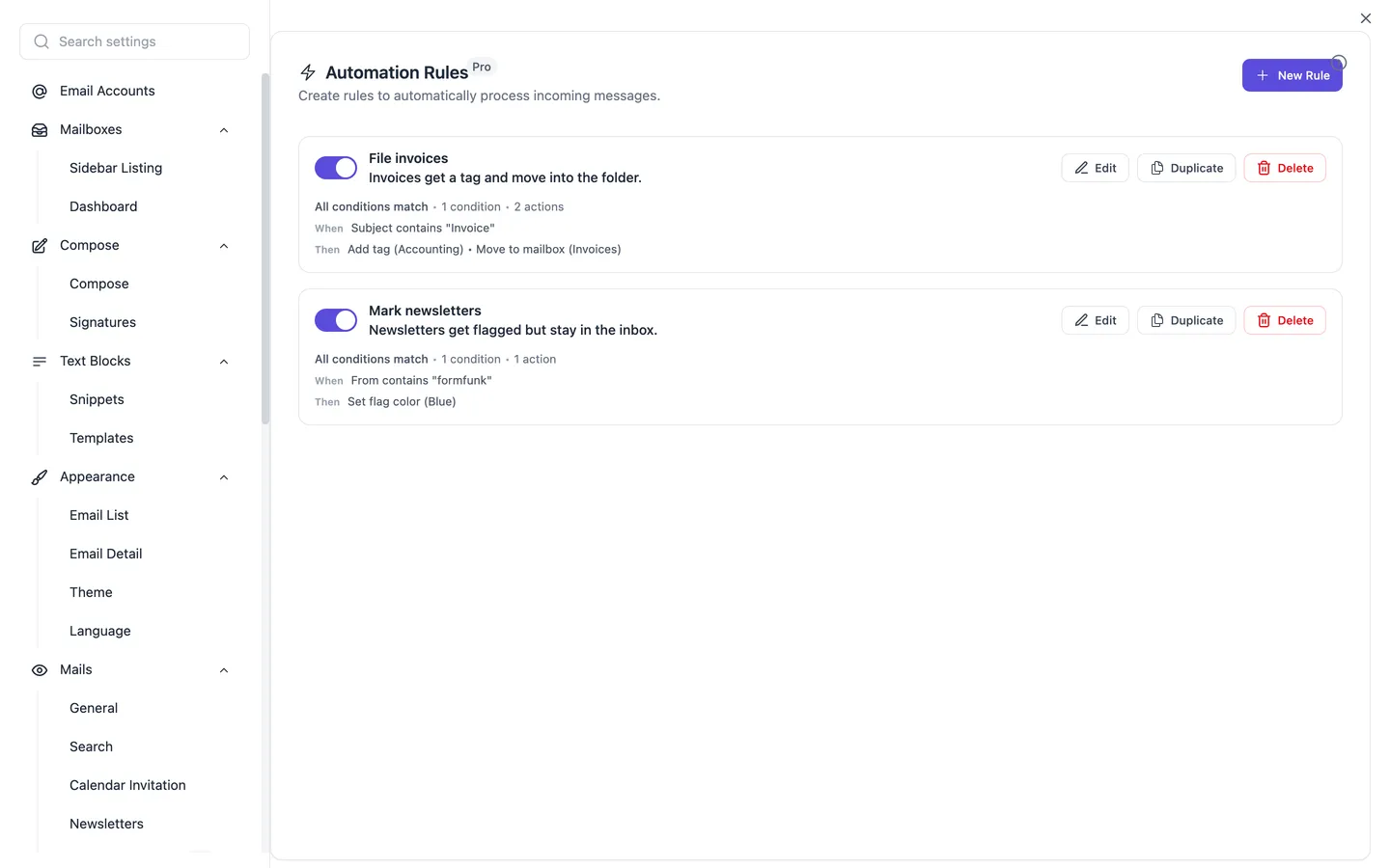 The automation settings with the list of rules; each rule shows its conditions and actions