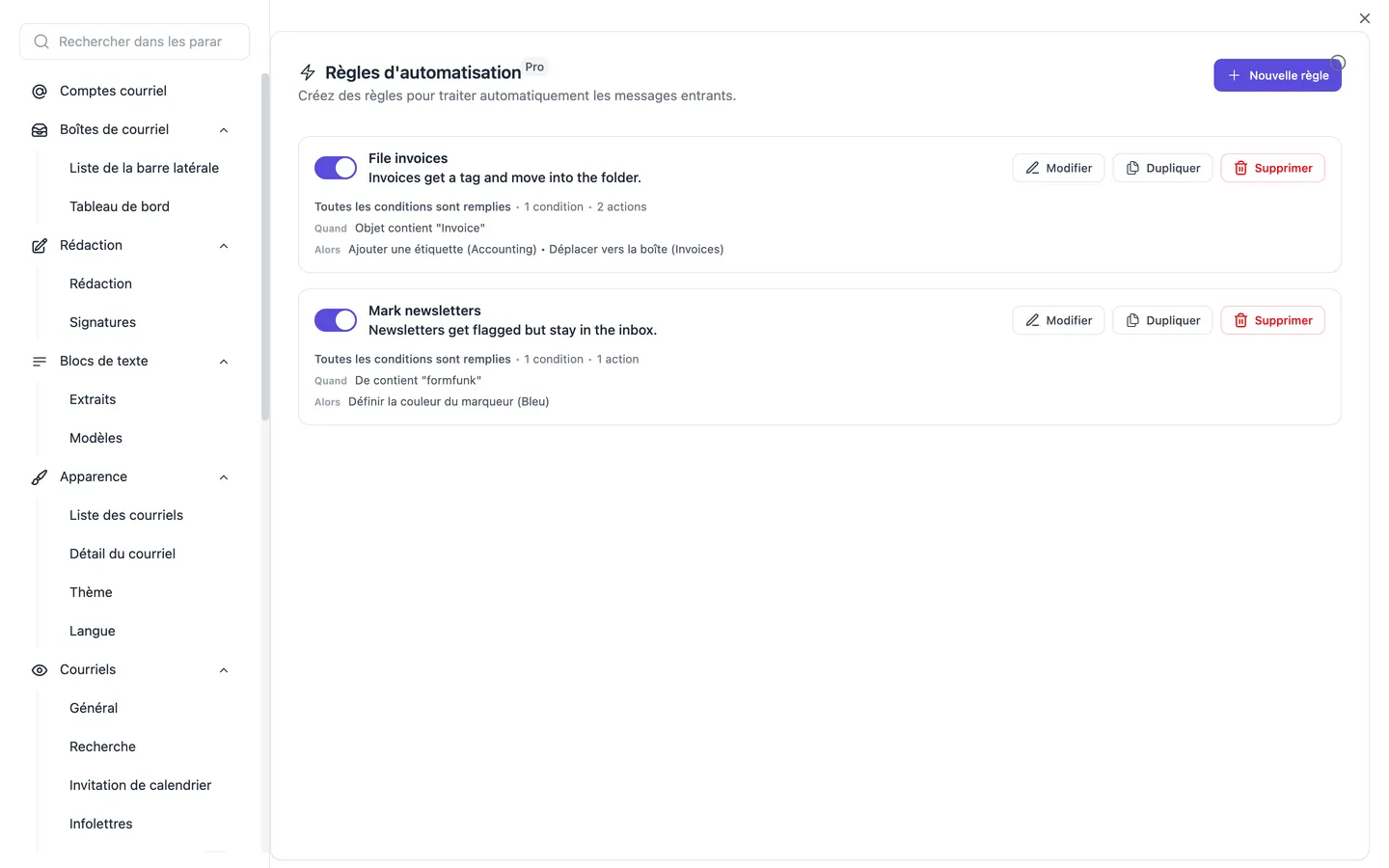 Les paramètres d'automatisation avec la liste des règles; chaque règle montre ses conditions et ses actions