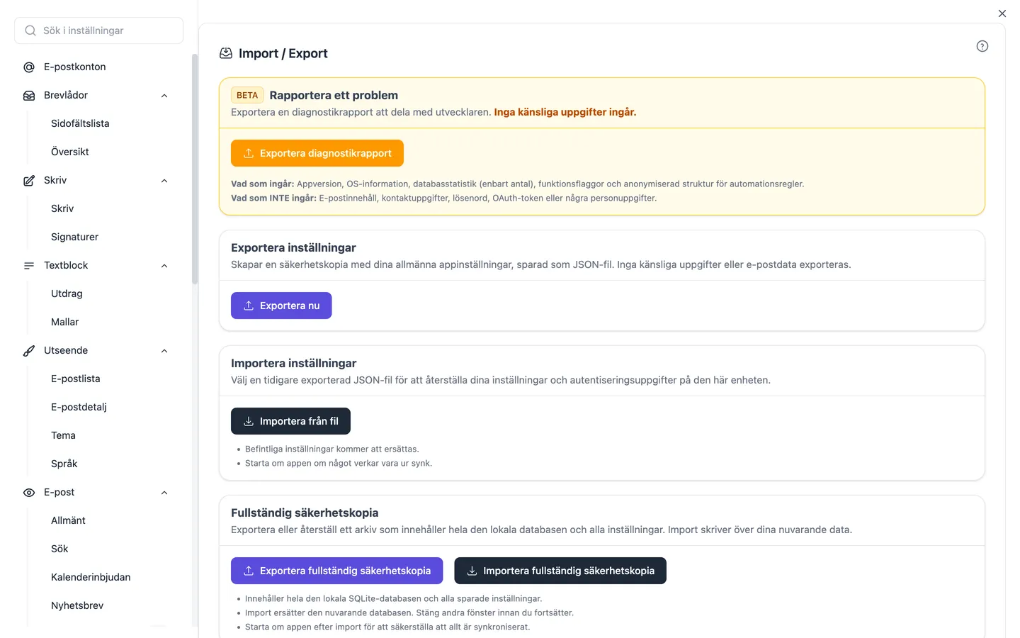 Inställningarna för import och export, där även importguiden för Thunderbird, Apple Mail, Outlook, eM Client, Mailbird och Mailspring startar