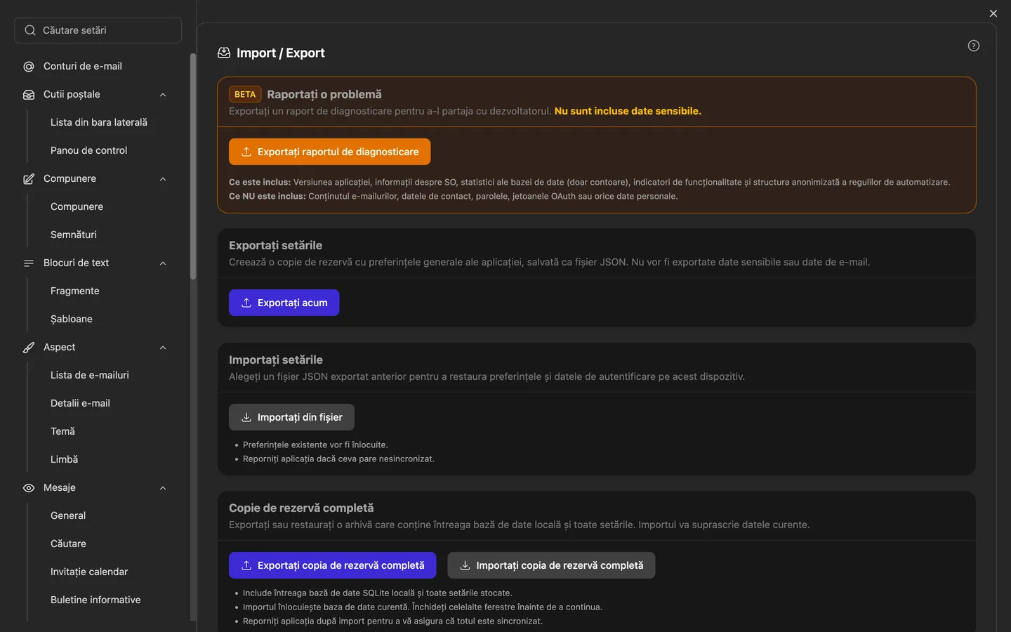Setările de import/export cu copie de rezervă completă, restaurare și asistentul de import pentru alte programe de e-mail