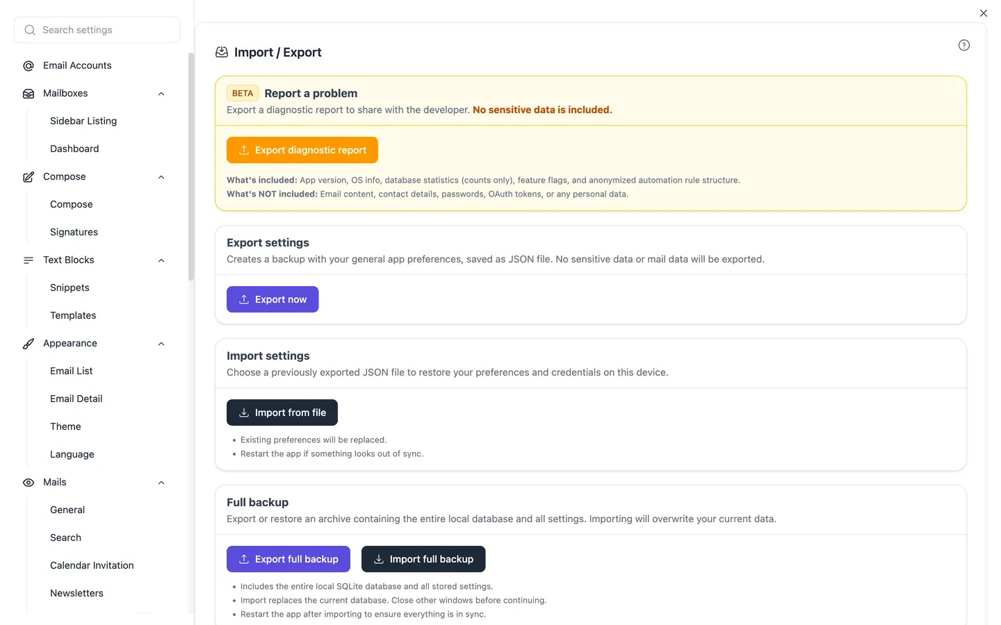 The Import/Export settings, which also start the import assistant for Thunderbird, Apple Mail, Outlook, eM Client, Mailbird and Mailspring
