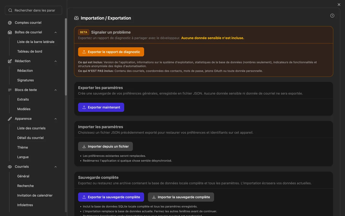 Les paramètres d'importation et d'exportation, où démarre aussi l'assistant d'importation pour Thunderbird, Apple Mail, Outlook, eM Client, Mailbird et Mailspring