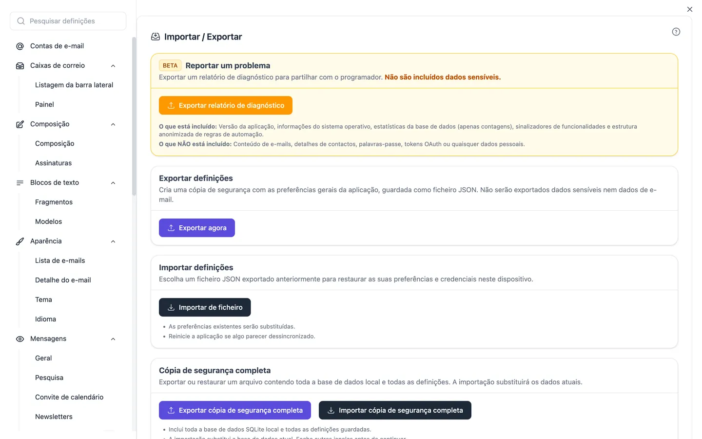 As definições de Importar/Exportar, onde também é iniciado o assistente de importação para Thunderbird, Apple Mail, Outlook, eM Client, Mailbird e Mailspring