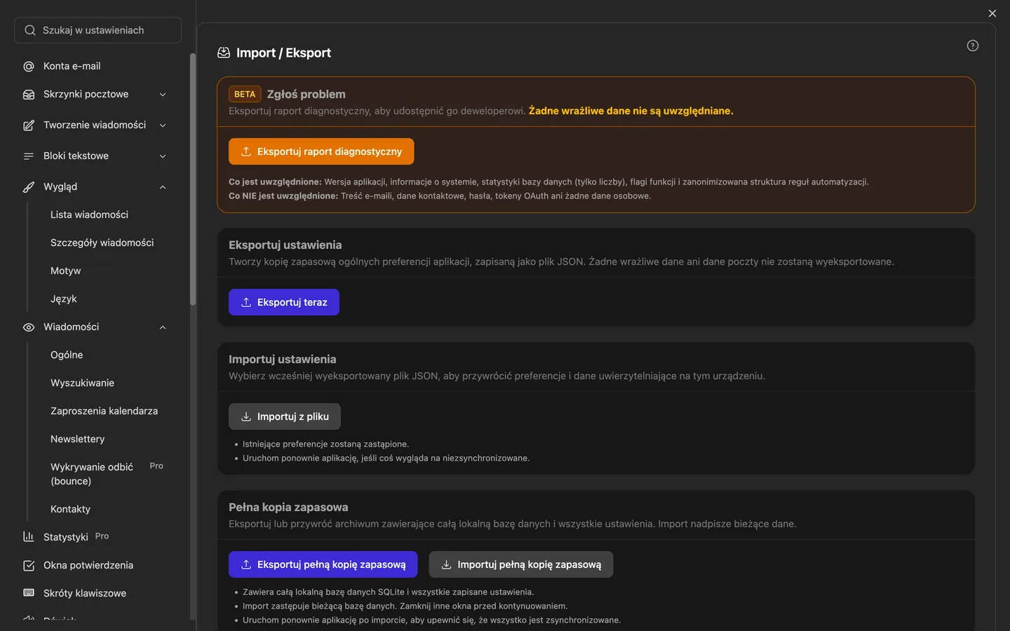 Ustawienia importu i eksportu, w których uruchamia się również asystent importu dla Thunderbirda, Apple Mail, Outlooka, eM Client, Mailbirda i Mailspringa