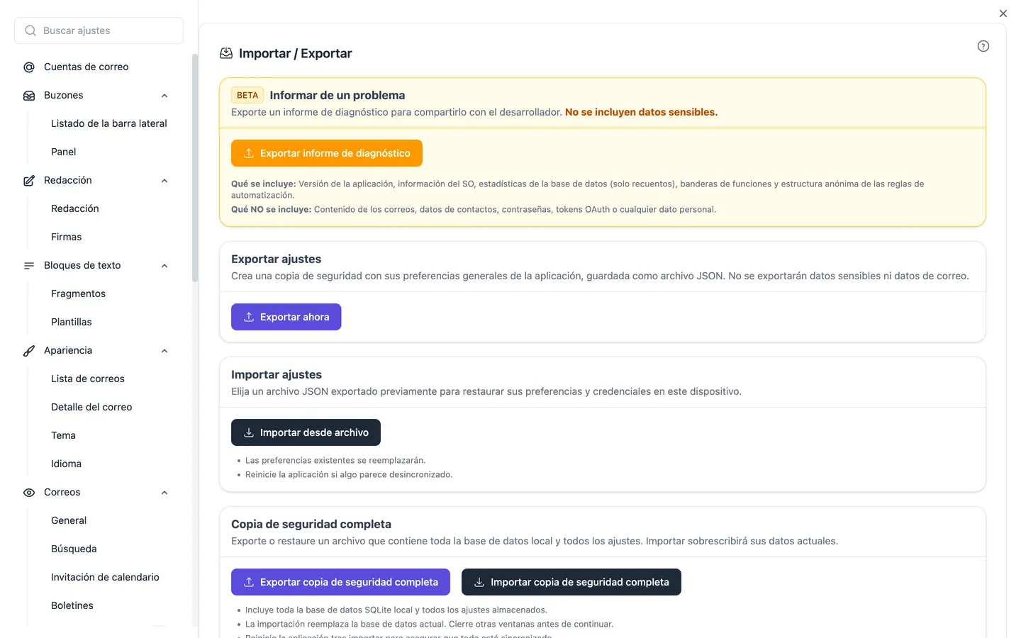 Los ajustes de importación y exportación, desde donde también se inicia el asistente de importación para Thunderbird, Apple Mail, Outlook, eM Client, Mailbird y Mailspring