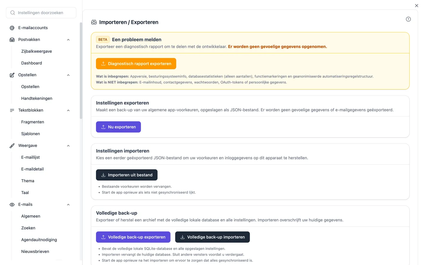 De instellingen voor importeren en exporteren met volledige back-up, herstel en de importassistent voor andere mailprogramma's