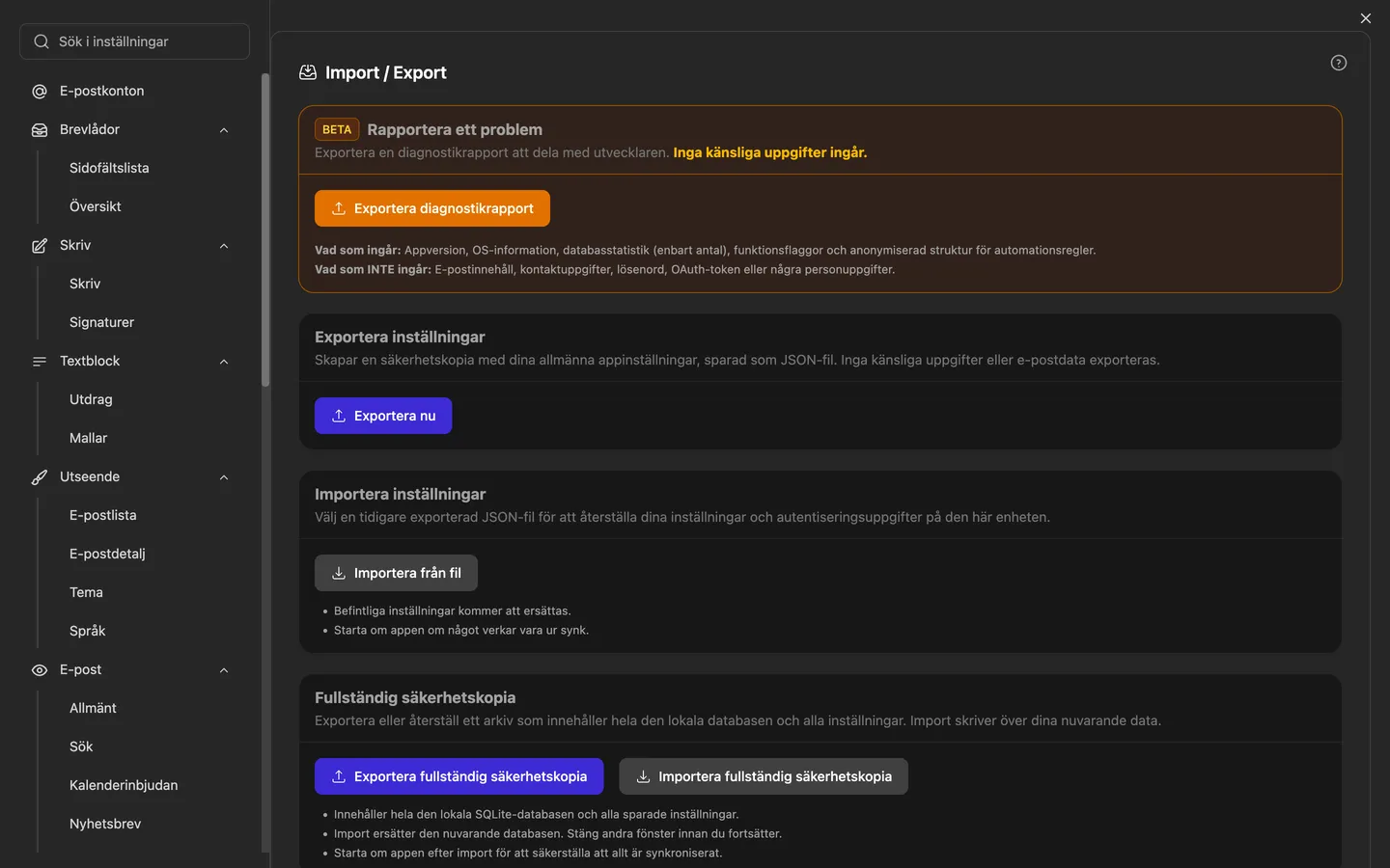 Inställningarna för import och export, där även importguiden för Thunderbird, Apple Mail, Outlook, eM Client, Mailbird och Mailspring startar