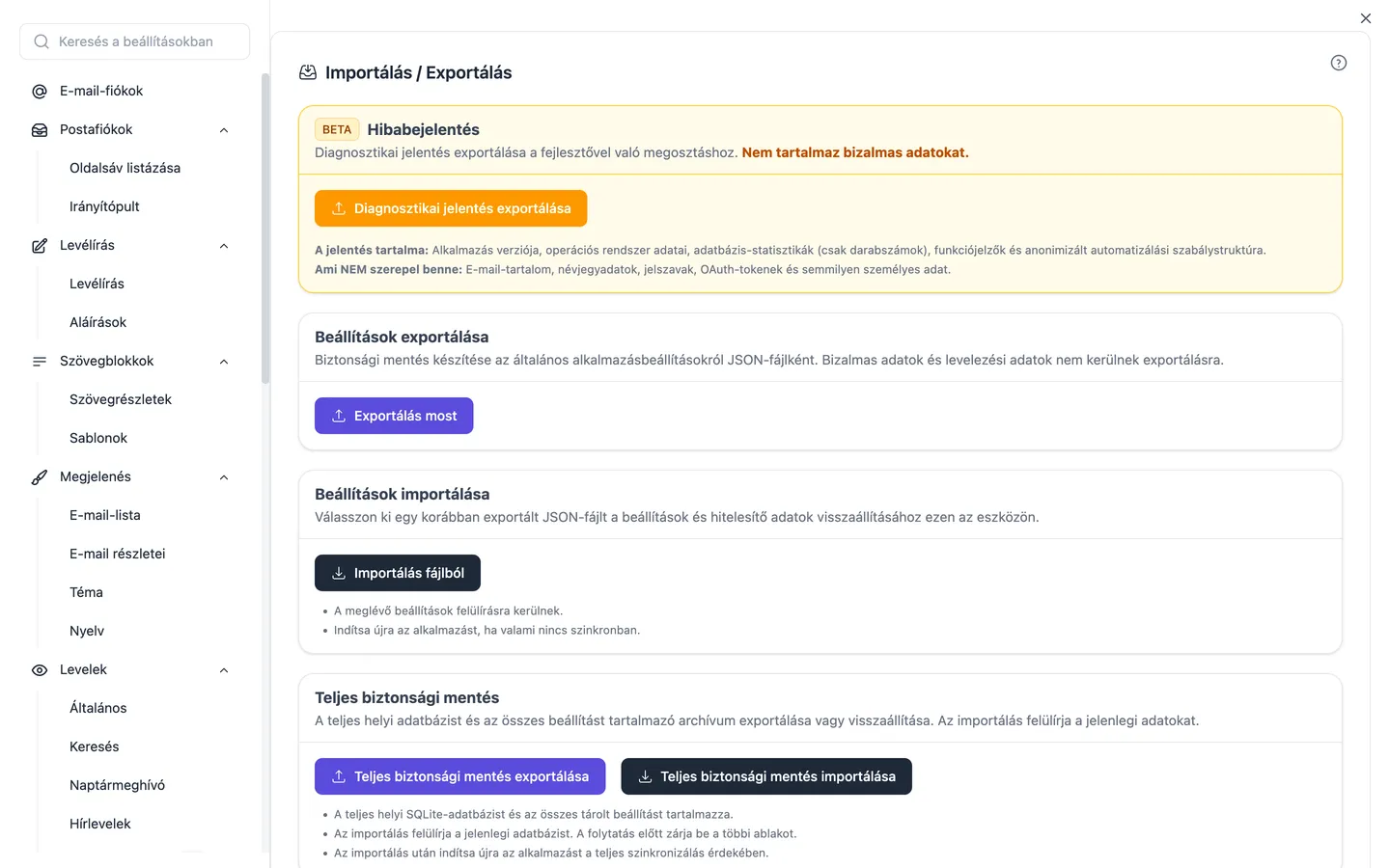 Az importálási és exportálási beállítások, ahol a Thunderbird, az Apple Mail, az Outlook, az eM Client, a Mailbird és a Mailspring importálási varázslója is elindul