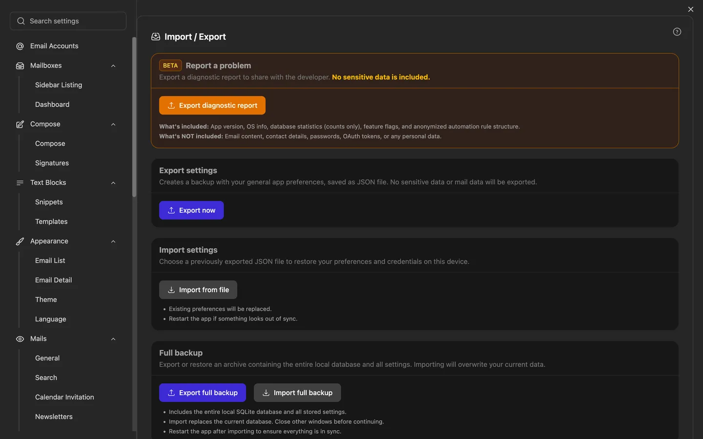 The Import/Export settings, which also start the import assistant for Thunderbird, Apple Mail, Outlook, eM Client, Mailbird and Mailspring