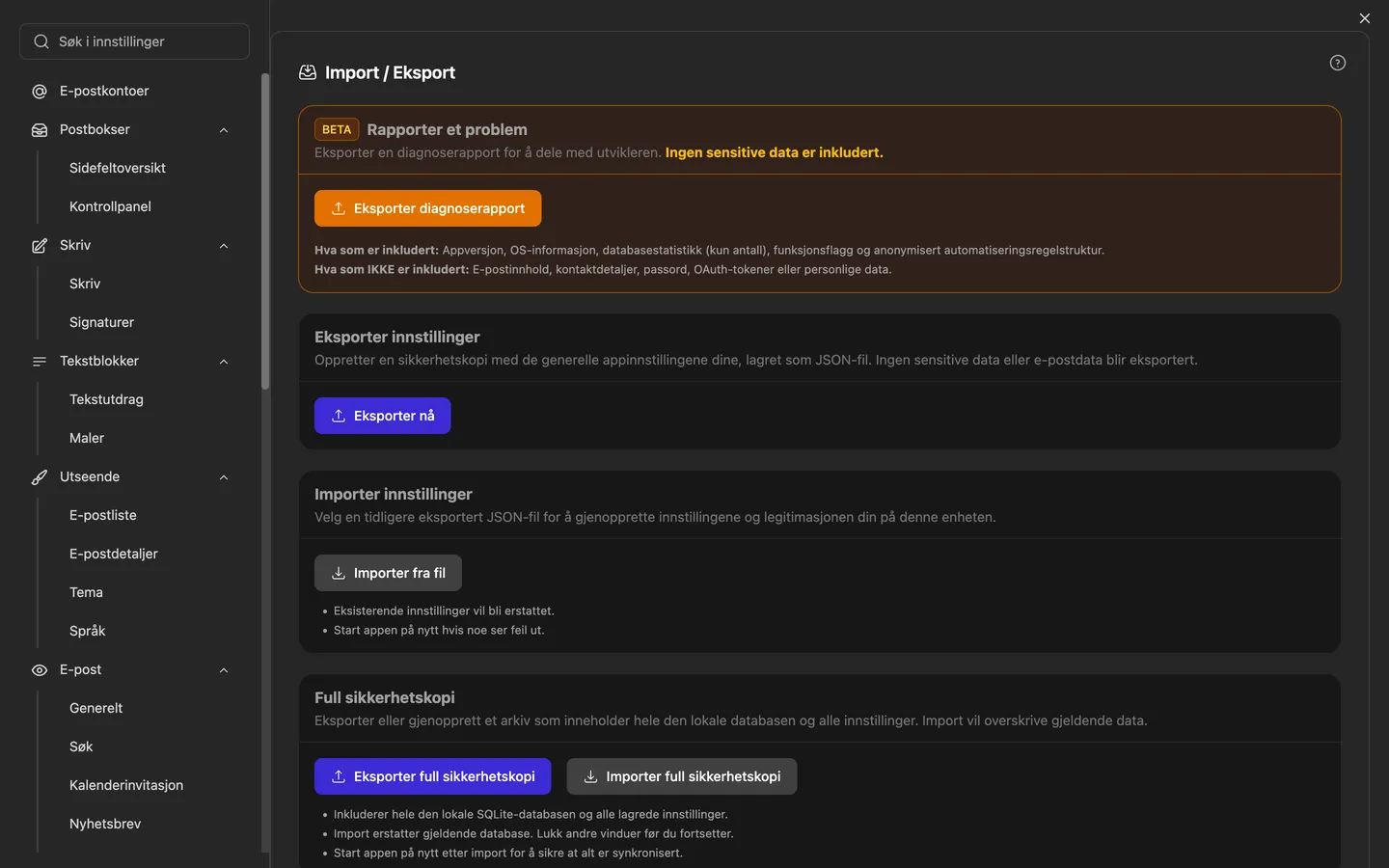 Import/eksport-innstillingene med full sikkerhetskopi, gjenoppretting og importveiviseren for andre e-postprogrammer