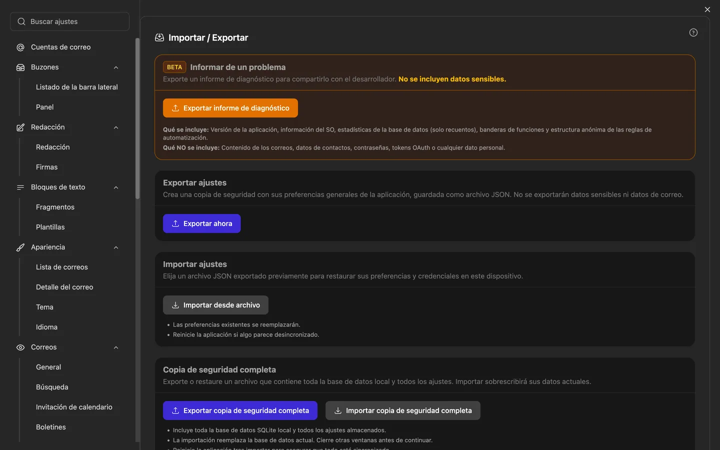 Los ajustes de importación y exportación, desde donde también se inicia el asistente de importación para Thunderbird, Apple Mail, Outlook, eM Client, Mailbird y Mailspring