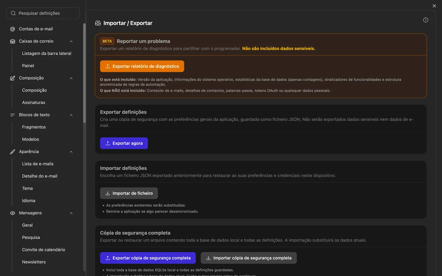 As definições de Importar/Exportar, onde também é iniciado o assistente de importação para Thunderbird, Apple Mail, Outlook, eM Client, Mailbird e Mailspring