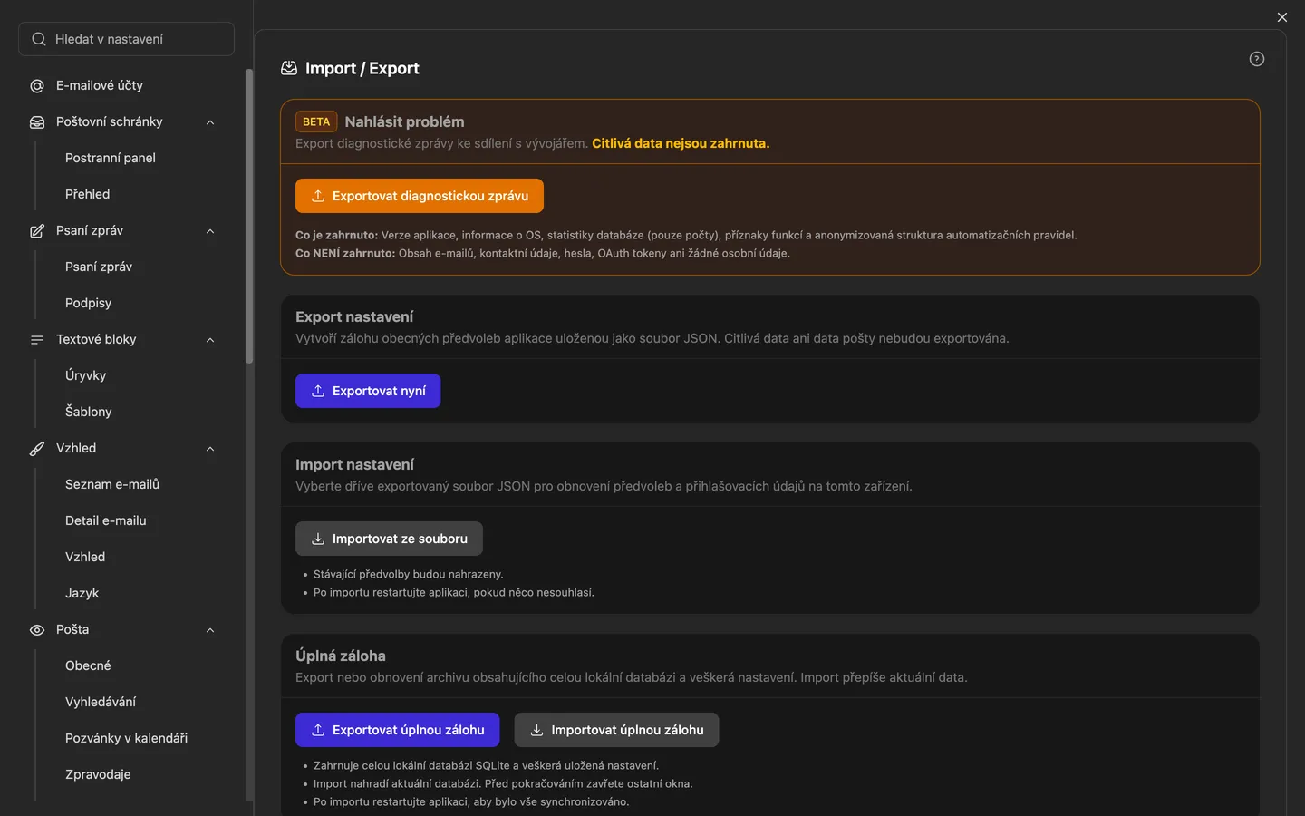Nastavení importu a exportu, ve kterém se také spouští průvodce importem pro Thunderbird, Apple Mail, Outlook, eM Client, Mailbird a Mailspring