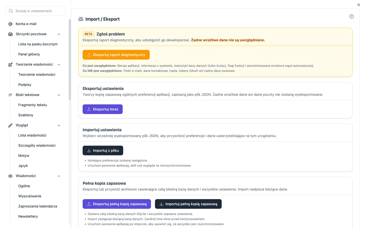 Ustawienia importu i eksportu, w których uruchamia się również asystent importu dla Thunderbirda, Apple Mail, Outlooka, eM Client, Mailbirda i Mailspringa