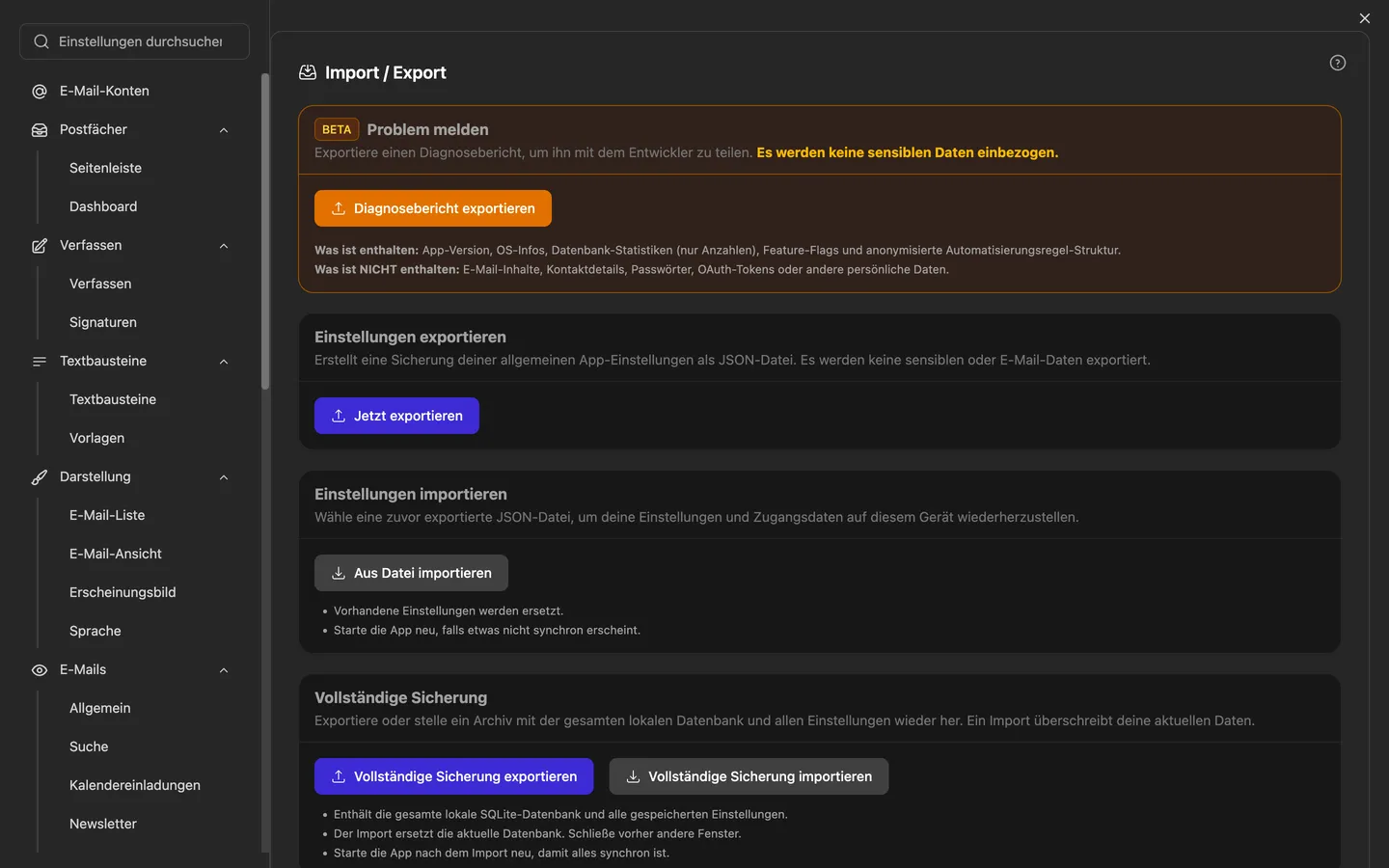 Die Import/Export-Einstellungen, in denen auch der Import-Assistent für Thunderbird, Apple Mail, Outlook, eM Client, Mailbird und Mailspring startet