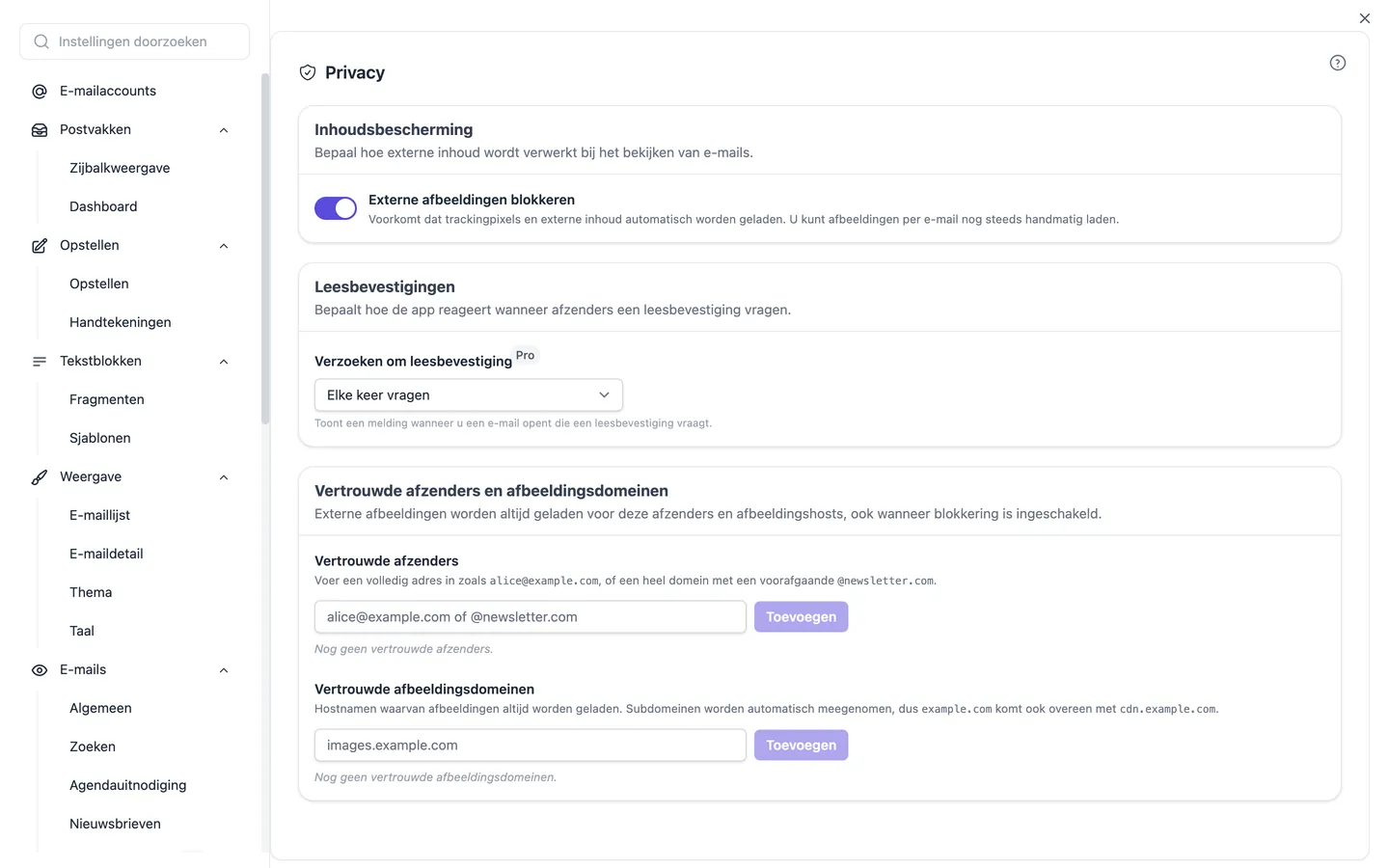 De privacy-instellingen: blokkeren van externe afbeeldingen, omgang met verzoeken om leesbevestiging en lijsten met vertrouwde afzenders en afbeeldingsdomeinen