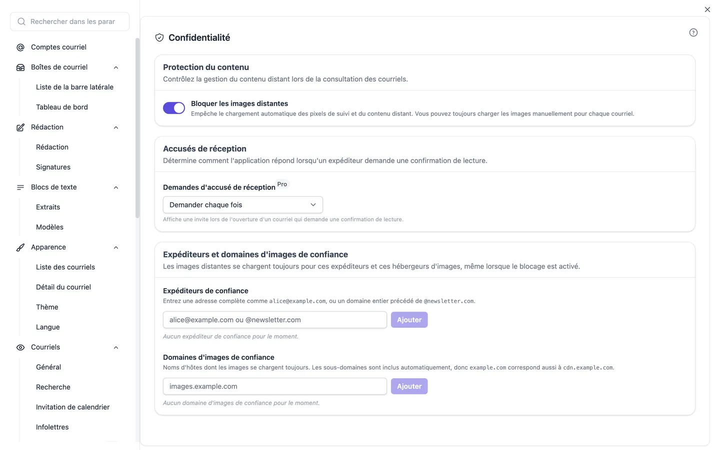 Les paramètres de confidentialité: blocage des images externes, traitement des demandes d'accusé de réception et listes d'expéditeurs et de domaines d'images de confiance