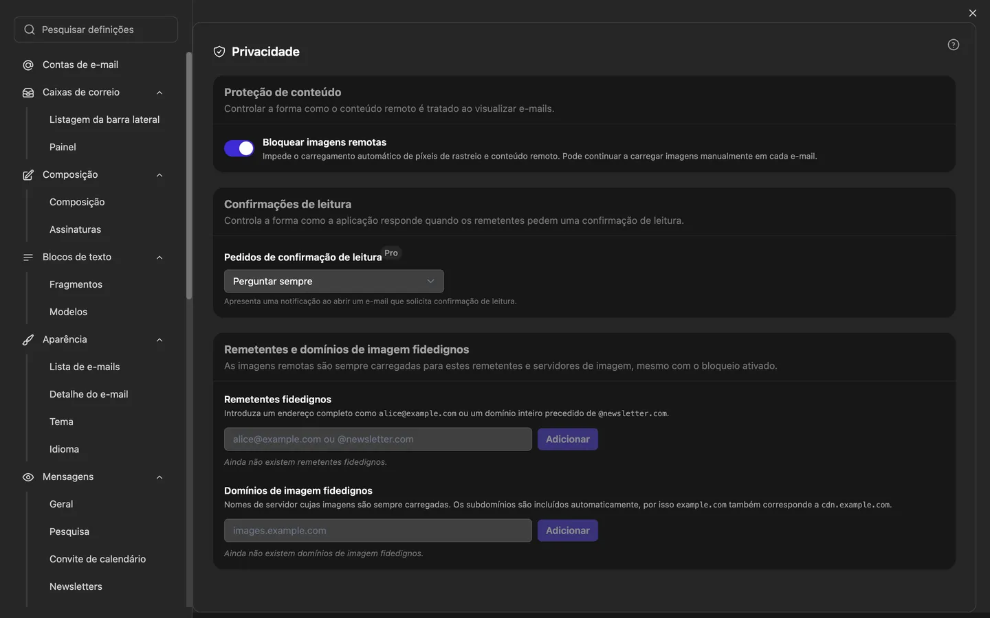 As definições de privacidade: bloqueio de imagens externas, tratamento de pedidos de confirmação de leitura e listas de remetentes e domínios de imagens de confiança