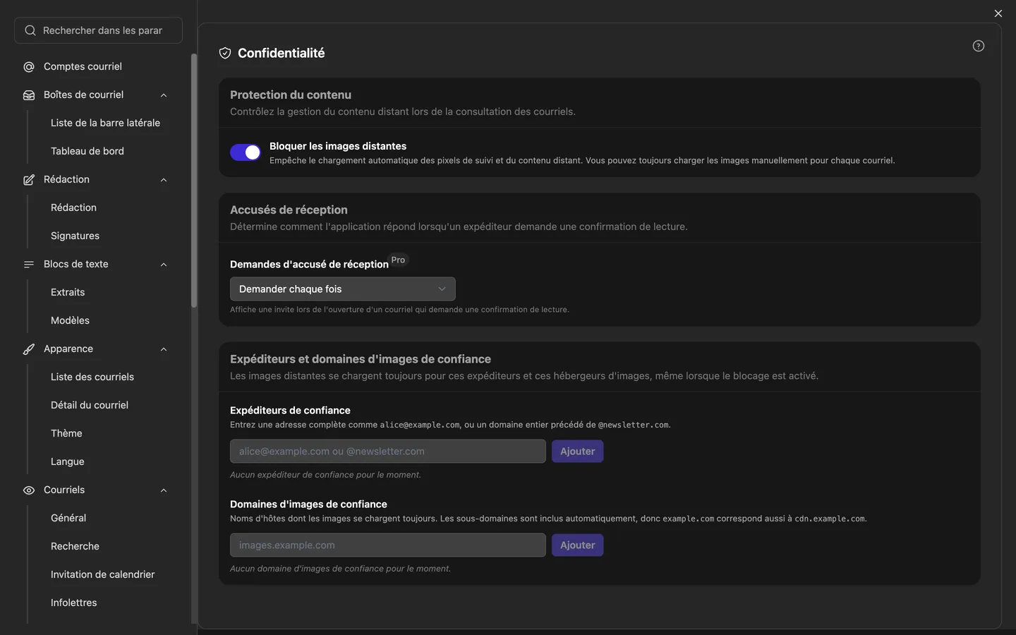Les paramètres de confidentialité: blocage des images externes, traitement des demandes d'accusé de réception et listes d'expéditeurs et de domaines d'images de confiance