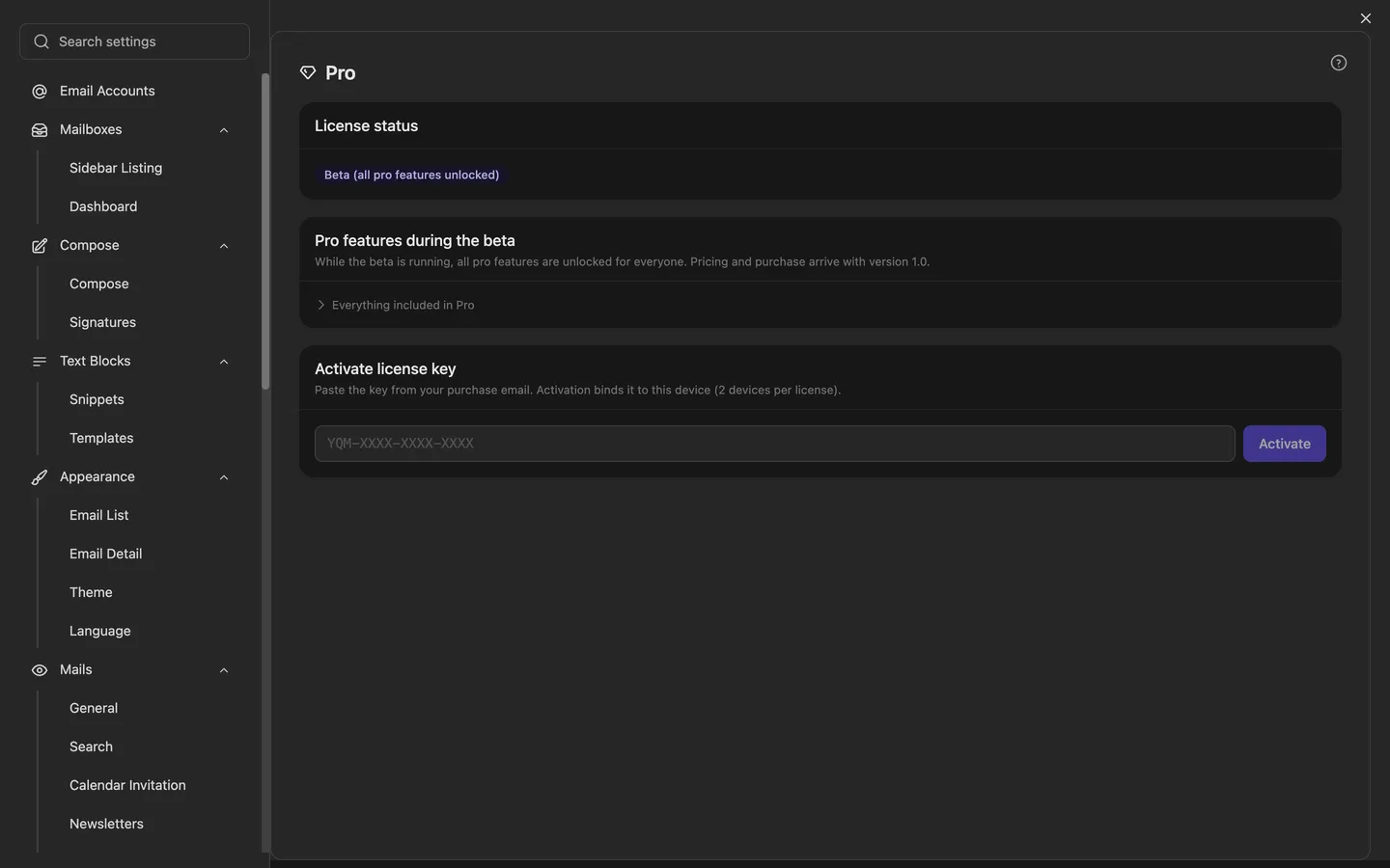 The Pro page in the settings with license status, trial and the purchase buttons