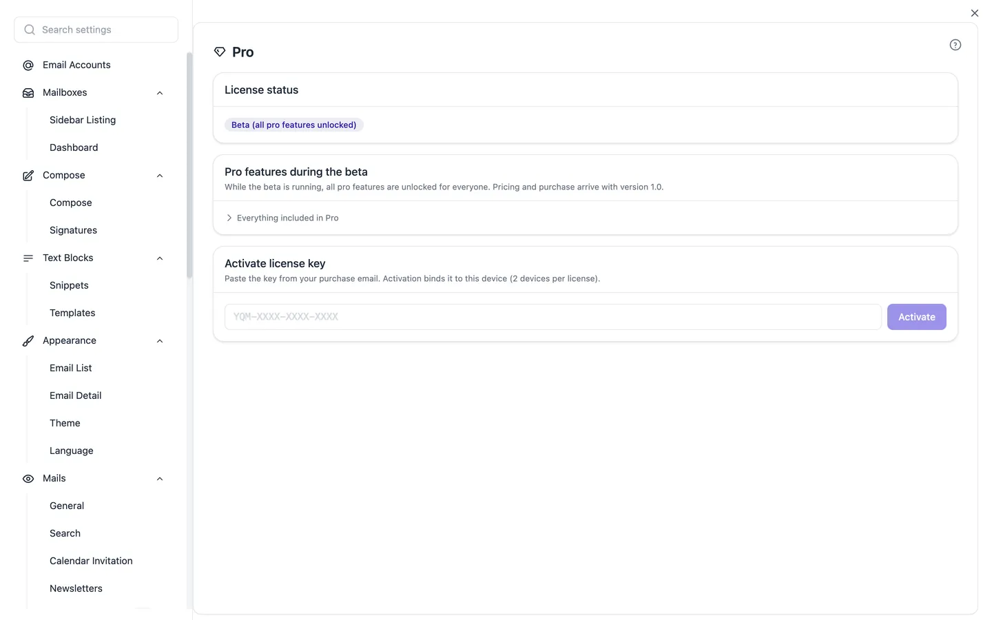 The Pro page in the settings with license status, trial and the purchase buttons