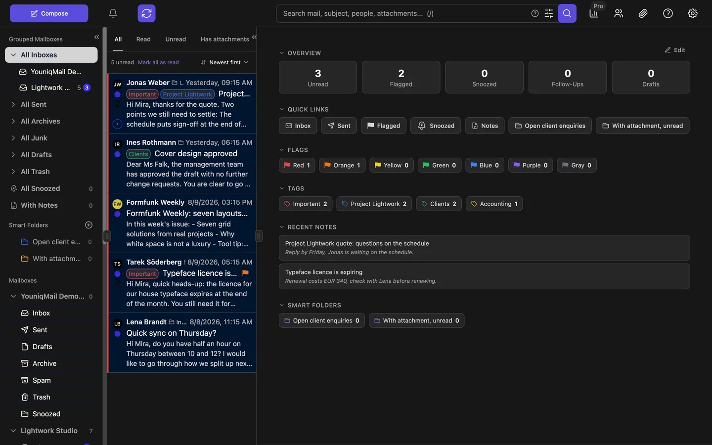 The YouniqMail main window: on the left the sidebar with grouped mailboxes, smart folders and accounts, in the middle the message list, on the right the dashboard with overview, quick access, flags and notes