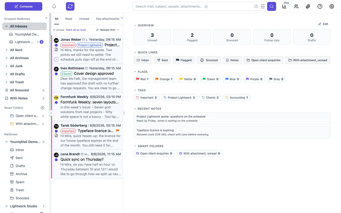 The YouniqMail main window: on the left the sidebar with grouped mailboxes, smart folders and accounts, in the middle the message list, on the right the dashboard with overview, quick access, flags and notes