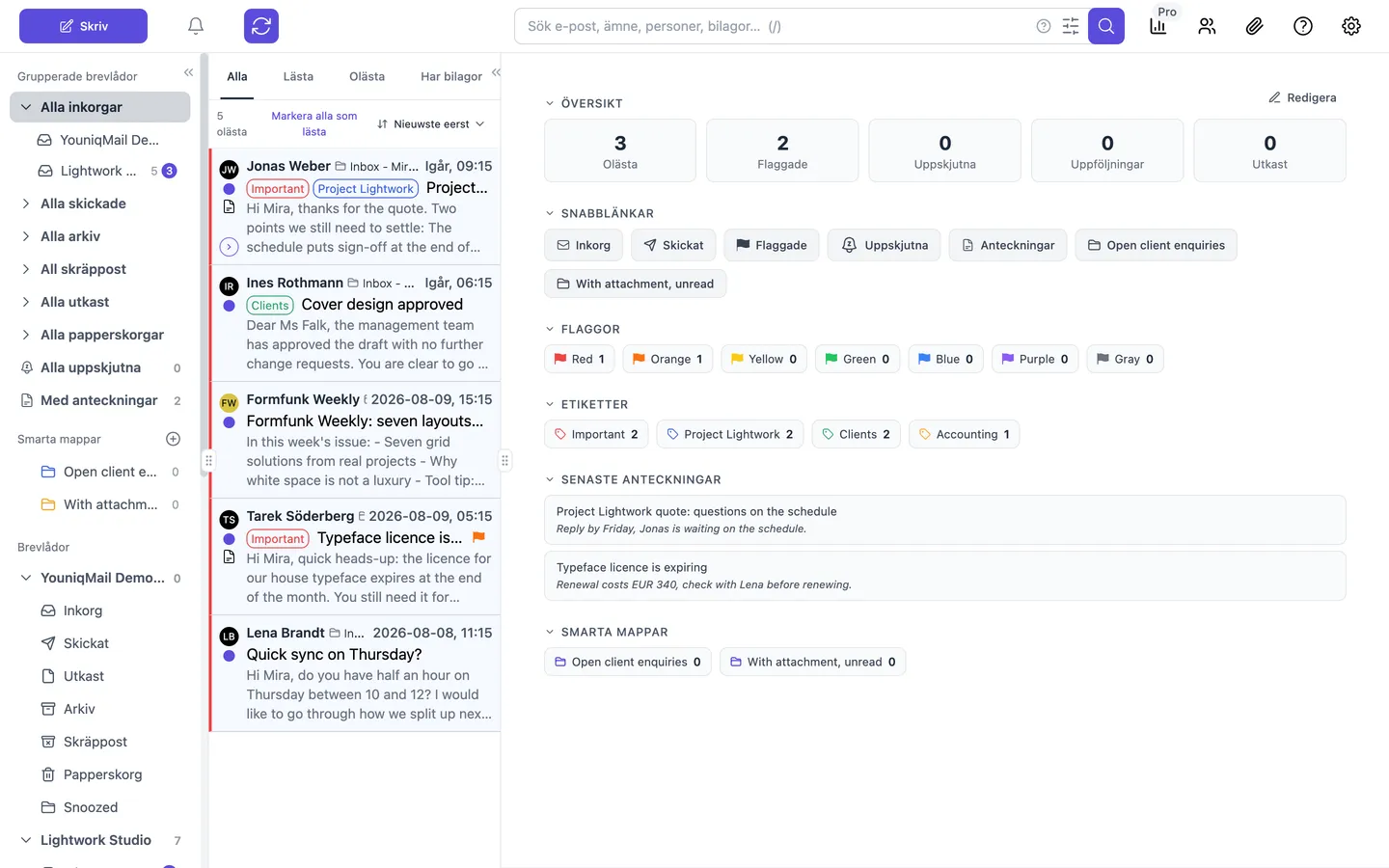 YouniqMails huvudfönster: till vänster sidofältet med grupperade brevlådor, smarta mappar och konton, i mitten meddelandelistan, till höger översikten med sammanställning, snabbåtkomst, flaggor och anteckningar